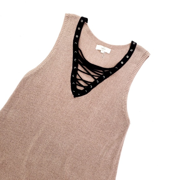 entro Tops - Entro Tan Black Lace Up Knit Sleeveless Top